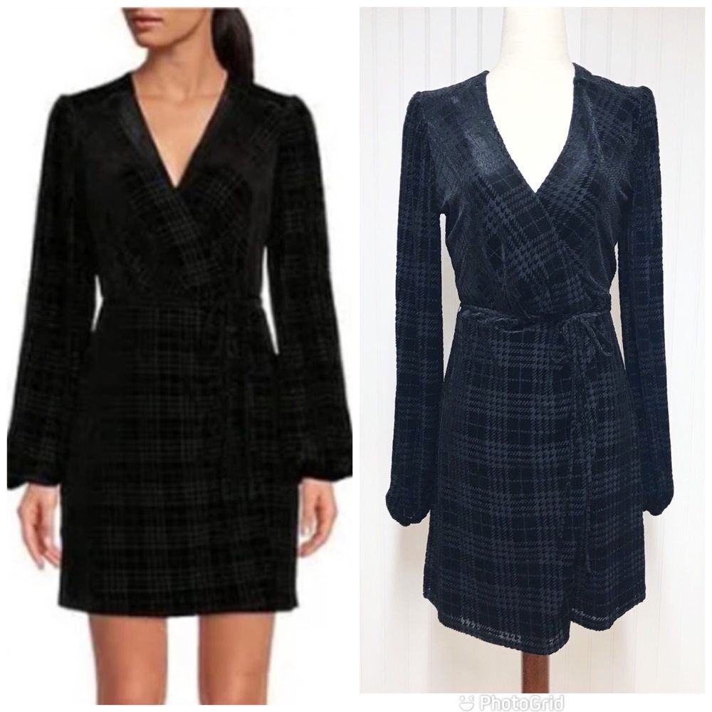 GIANNI BINI Black Velvet Mini Wrap Dress Houndstooth Print Long Sleeve Sz XS New
